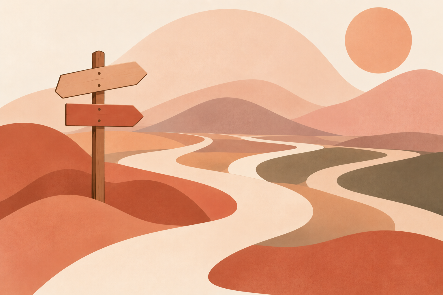 Des chemins entre des collines aux couleurs douces, avec un panneau de direction et un soleil.